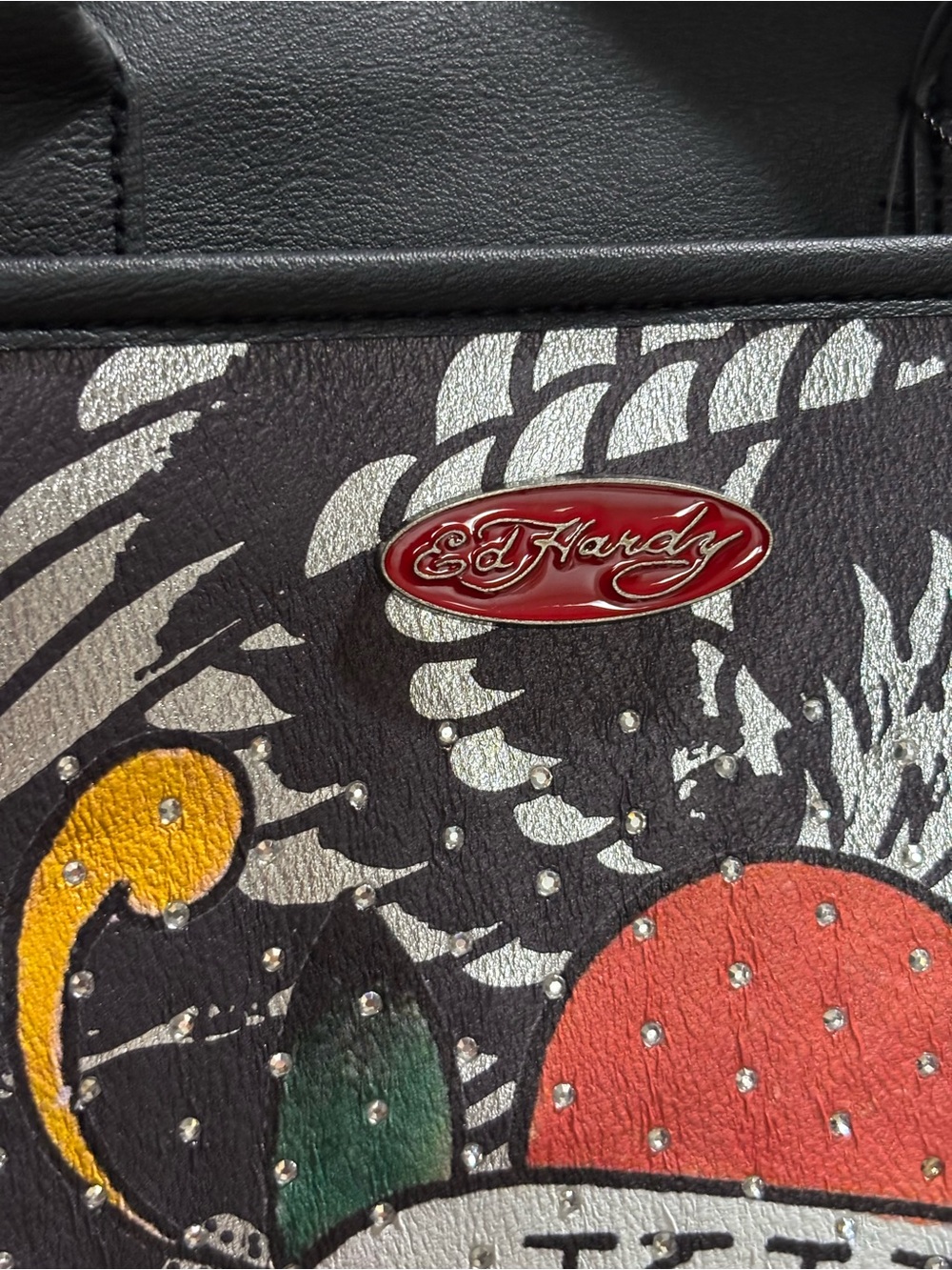Ed Hardy Silver Metallic Backpack with Black Handles and Red Accents - Picture 2 of 15